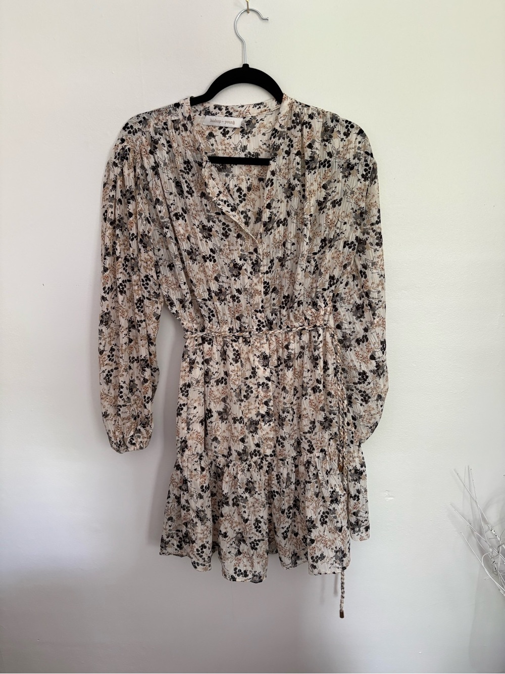 bishop + young Beige and Black Floral Long-Sleeve Tiered Mini Dress